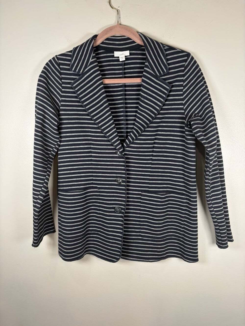 J. Jill Women Jersey Blazer Jacket Size Small Petite Navy Blue Grey Work